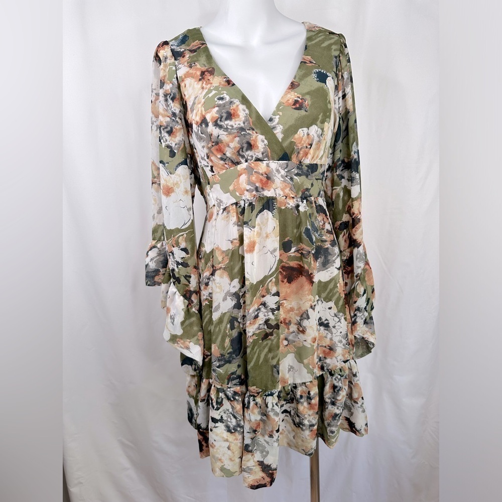Betsy Johnson Boho Olive Green Floral Ruffle Mini Dress Bell Sleeves Size 8